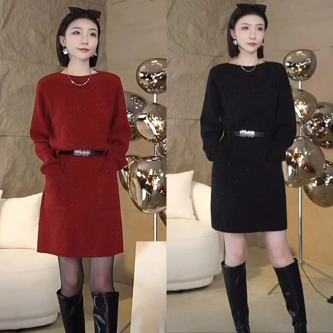 法式高级感一字领气质针织连衣裙女秋冬百搭收腰配大衣内搭毛衣裙