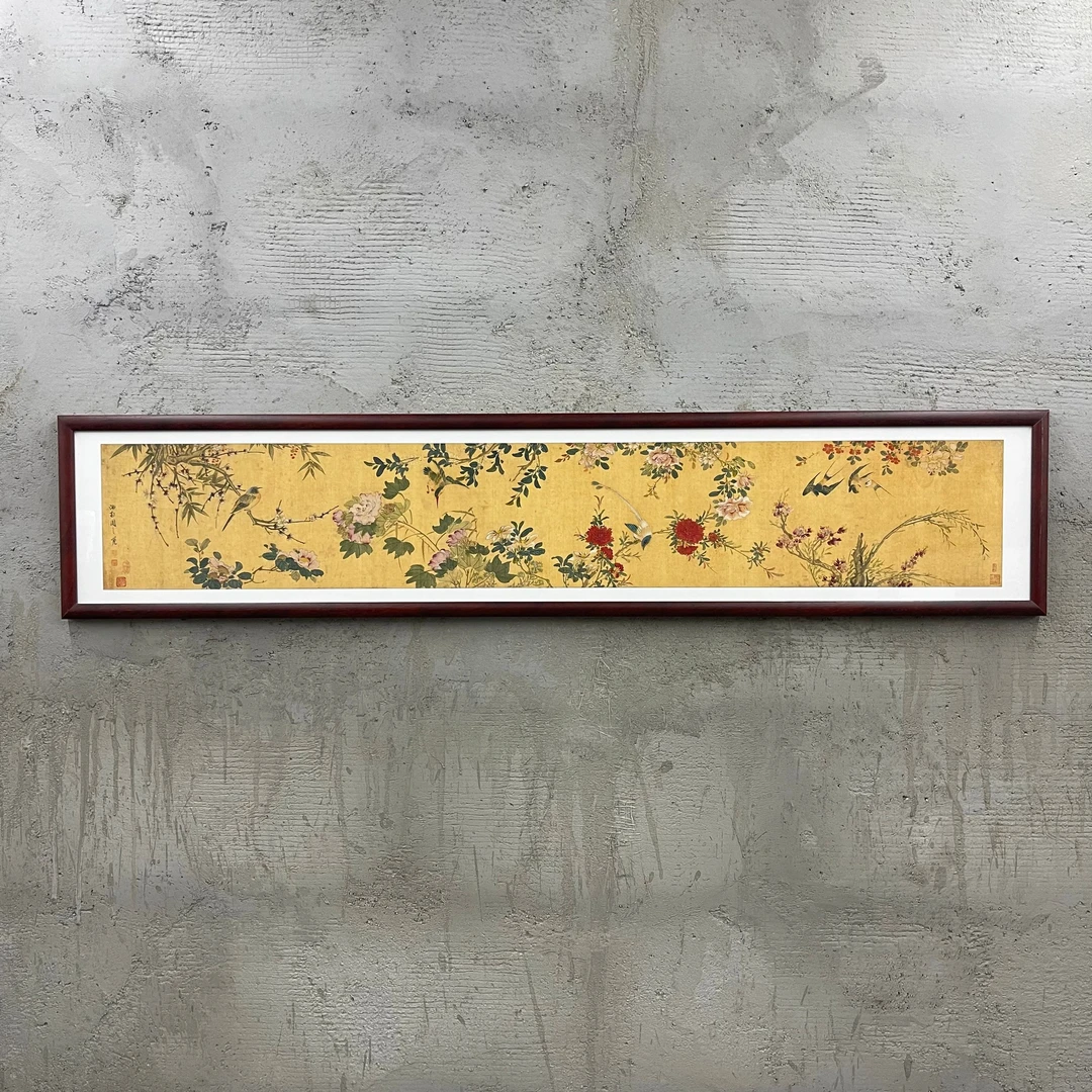 491-32*155四时花鸟图中式装饰画实木框玄关书房茶室客厅挂画