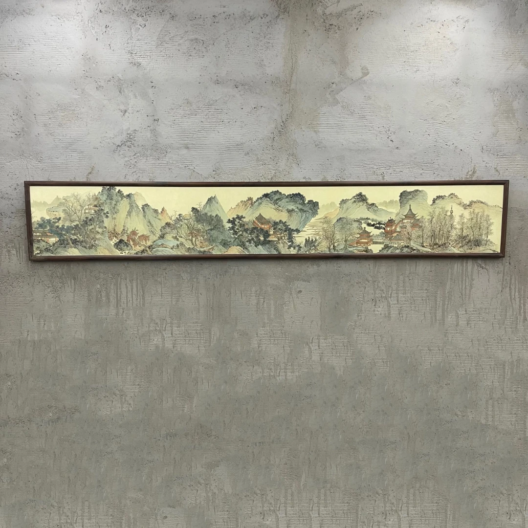 925-40*240青山楼阁图中式装饰画实木框书房茶室客厅背景墙挂画