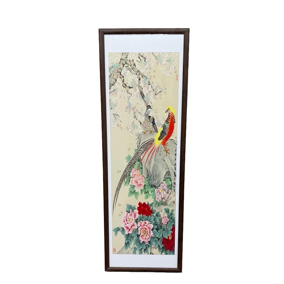 553-40*120梨花锦鸡图中式装饰画实木框玄关书房茶室客厅挂画