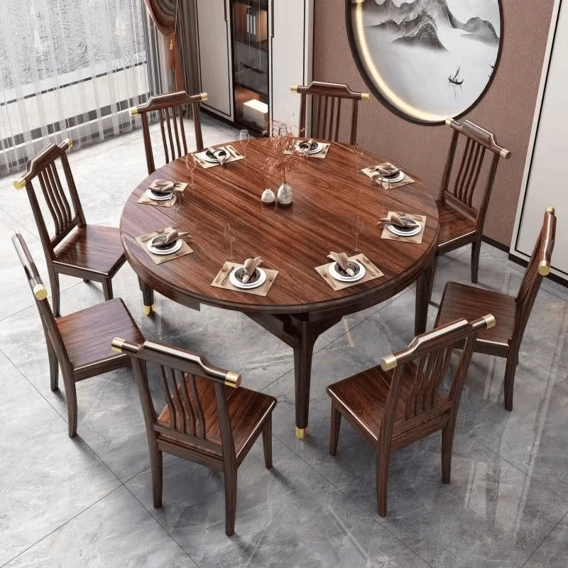 新中式乌金木轻奢家用餐厅饭桌子方圆两用长方形可伸缩吃饭桌方桌