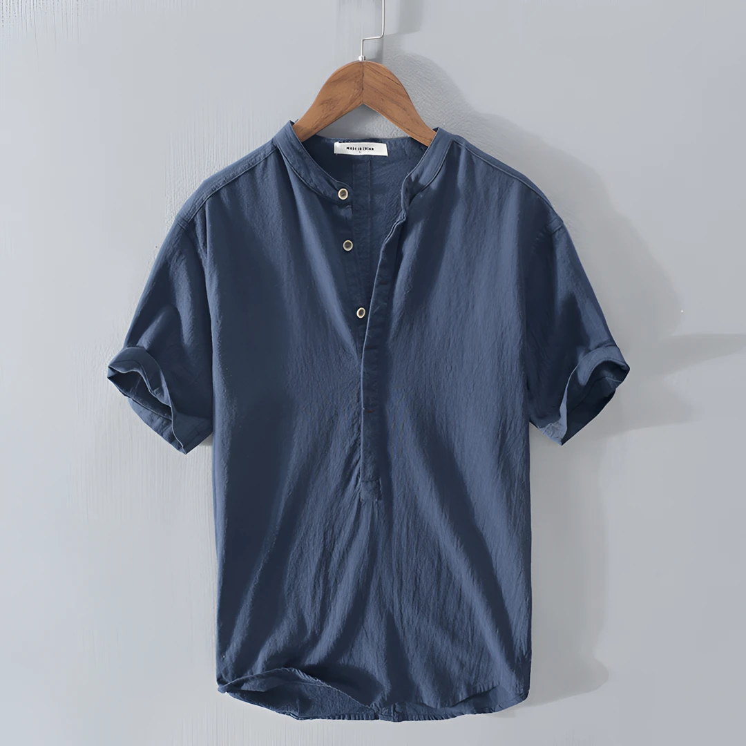 有品服饰亚麻短袖衬衫男士套头圆领中国风复古立领棉麻料大码体恤