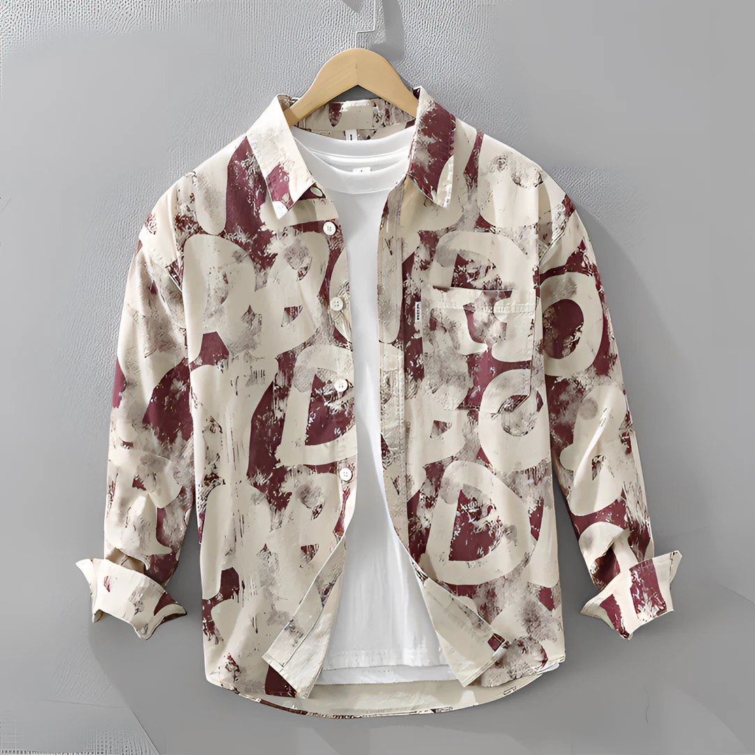 春秋新款日系轻奢翻领个性印花长袖衬衫时尚百搭休闲文艺宽松上衣