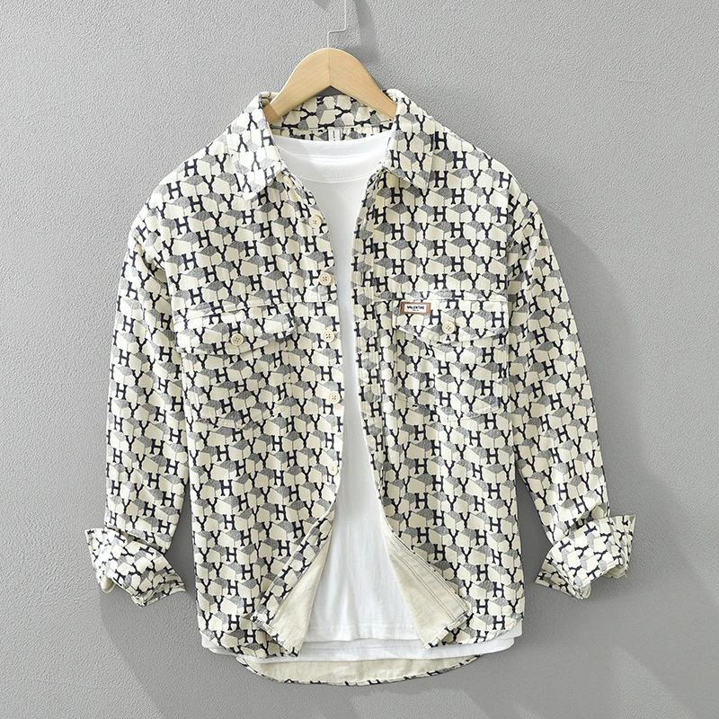 春秋新款轻奢日系潮流印花长袖衬衫男士新款个性文艺百搭衬衣外套