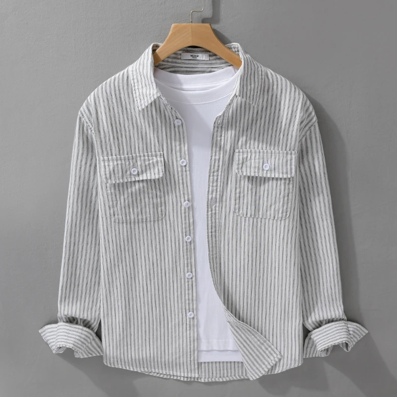 早秋新款男装条纹简约工装长袖衬衫休闲潮流宽松青年百搭男衬衣男
