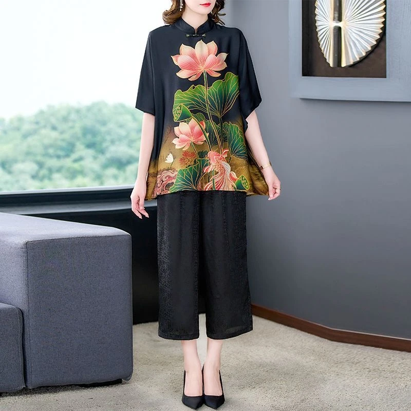 夏季民族风中国风富婆阔太太高档套装200斤胖妈妈加肥加大码女装