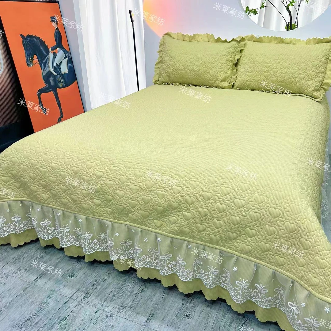 【抹茶绿】韩式泡泡棉绗缝单床盖纯色床裙蕾丝边公主风四季通用-F