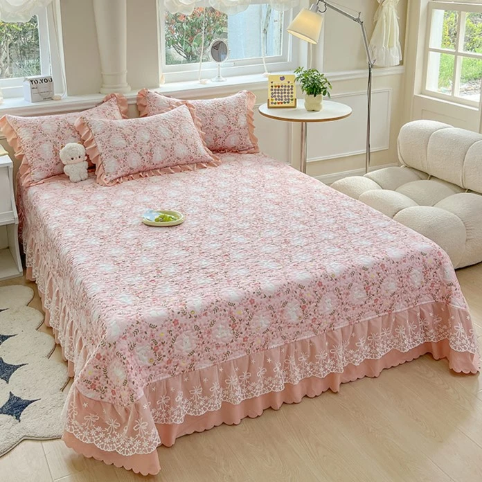 A类爆款柔软有氧提花泡芙棉蕾丝花边绗缝床盖简约法式透气单床盖F