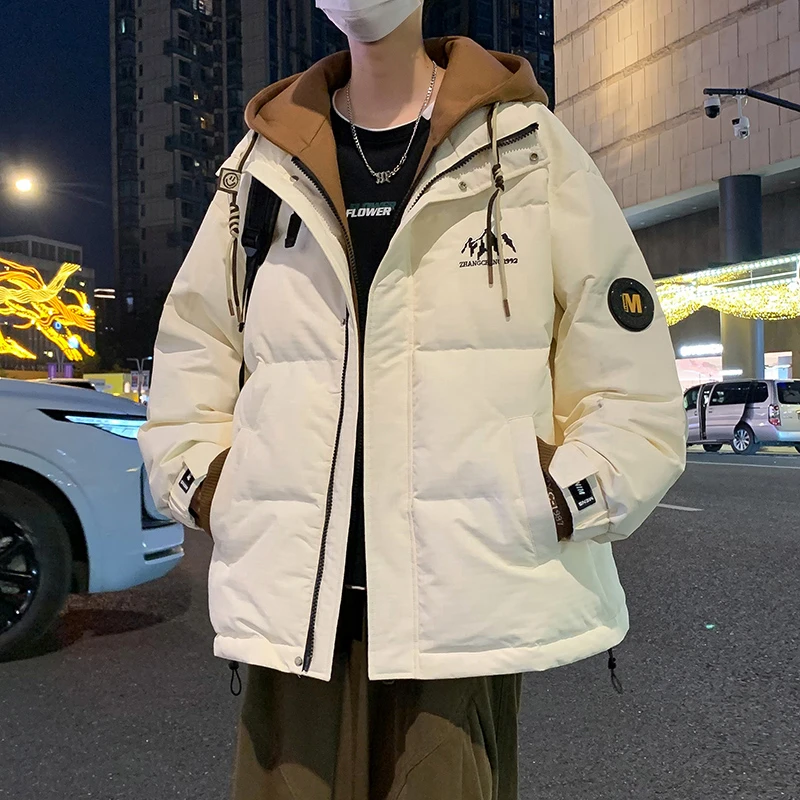 男冬季加厚2024新款白鸭绒外套男连帽青少年保暖棉服假两件羽绒服