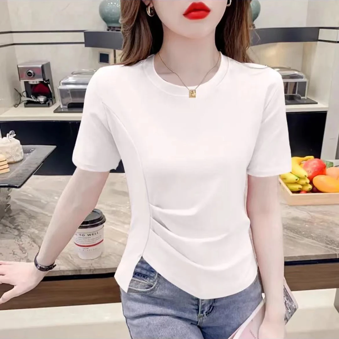 8818#【衣长52】不规则正肩百搭短袖T恤夏季时尚小众设计感短款上衣