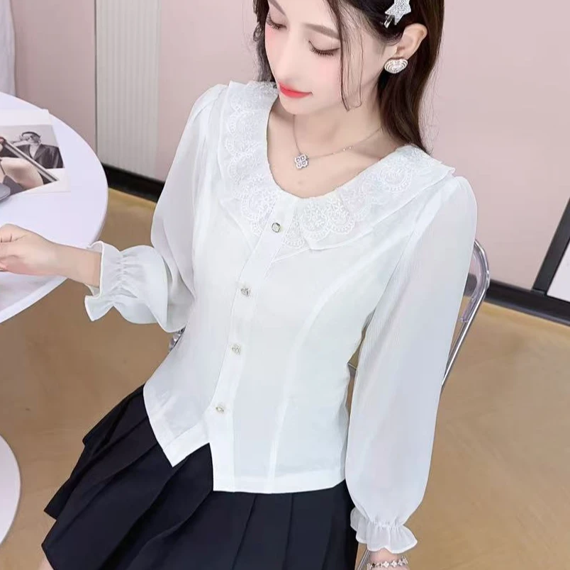 8931#【衣长52】秋季新款衬衣减龄荷叶边拼接显瘦小衫衬衣女