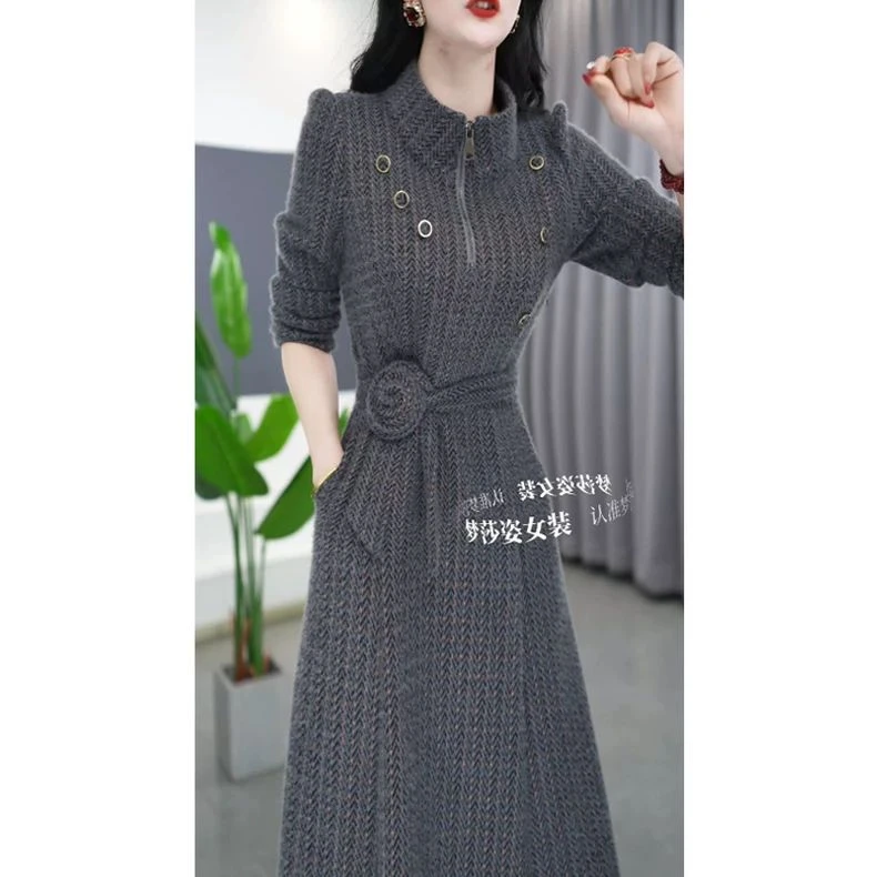 梦莎姿毛呢连衣裙女2025新款秋冬爆款轻奢高级感小香风十三行裙子