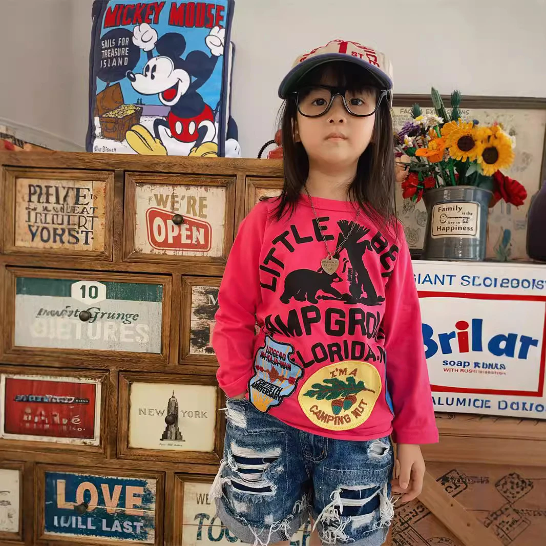 24新款秋冬日系男女童日本小众徽章长袖T恤圆领印花儿童洋气童装