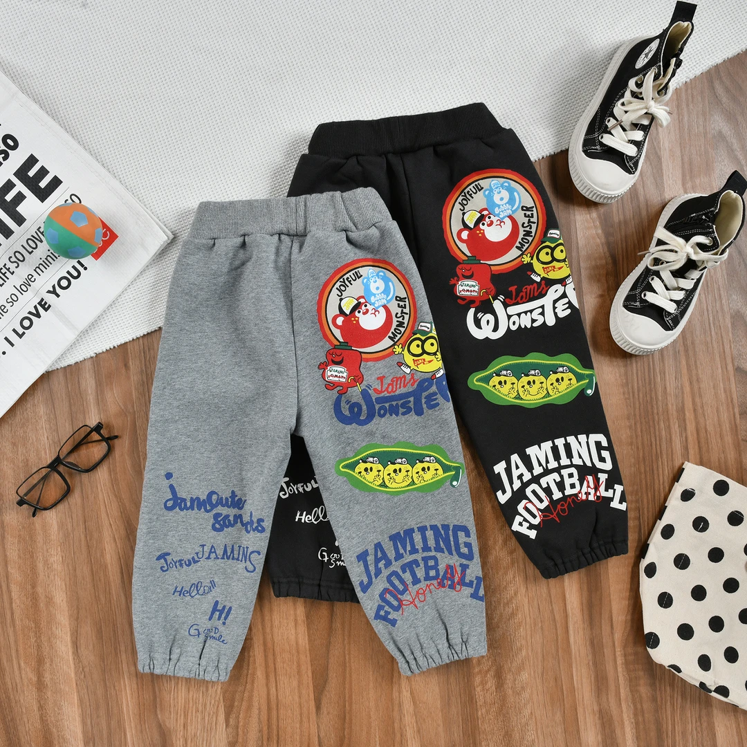 JAM秋冬童装加绒裤男女童潮范刺绣拔印水洗加绒休闲束脚裤日系裤