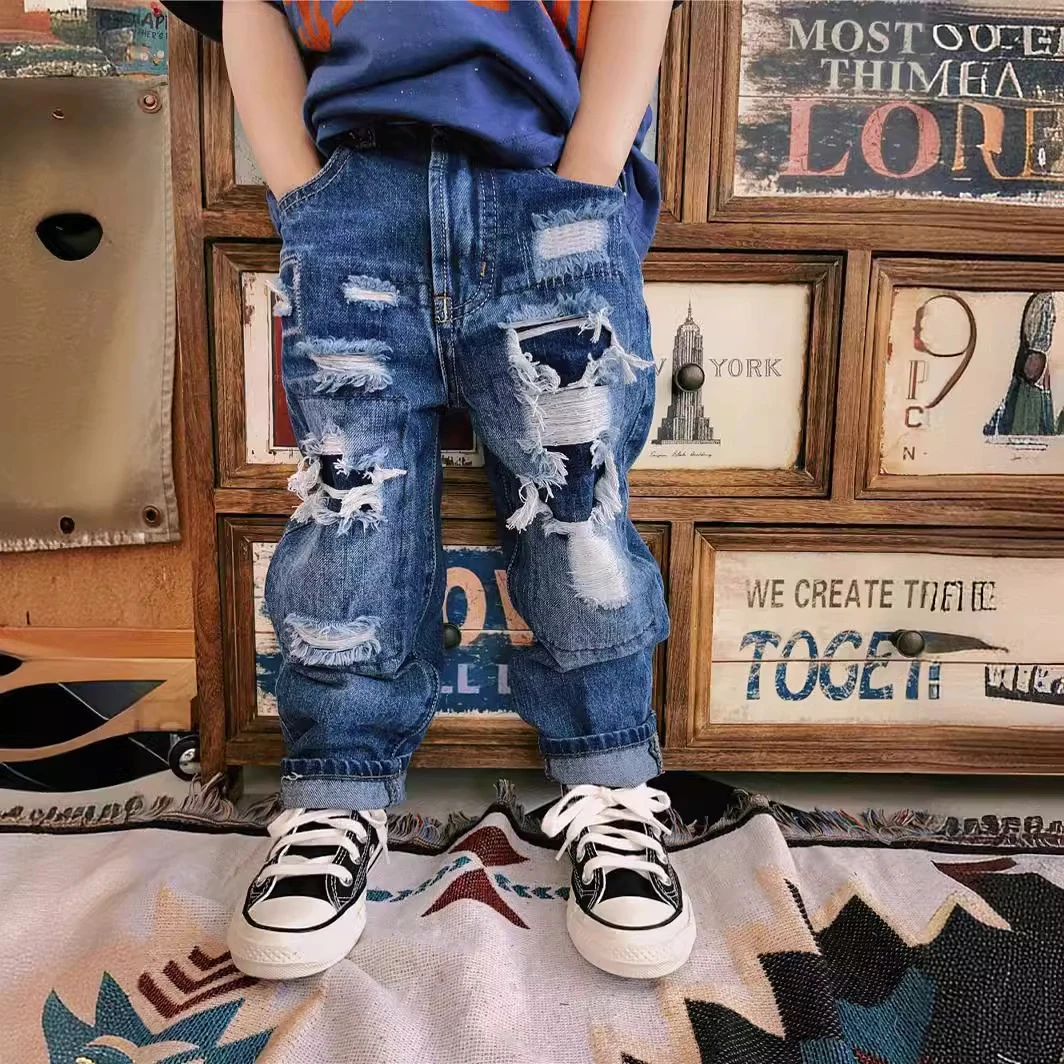 24SS春秋新款日本DD童装男童女童牛仔裤日系宽松破洞长裤