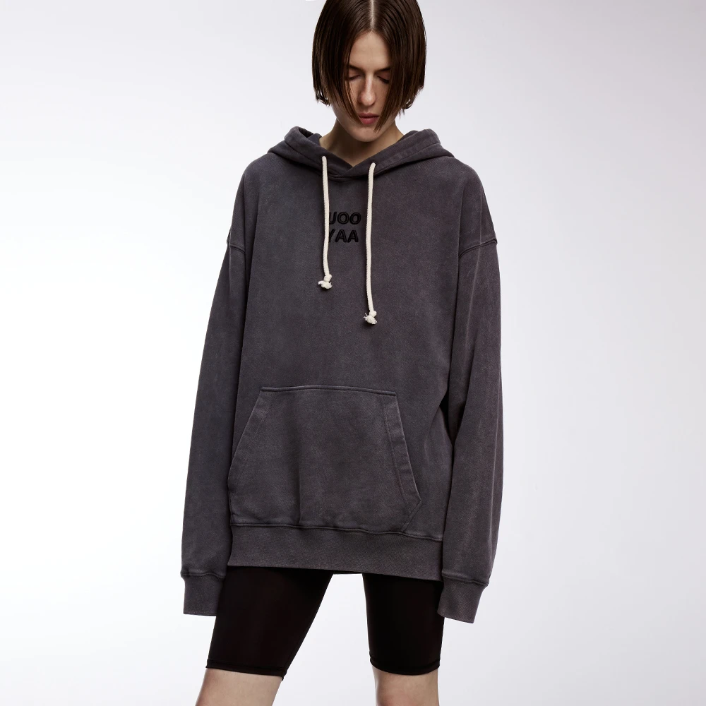 UOOYAA/乌丫春季水洗灰毛圈连帽卫衣带帽宽松6142