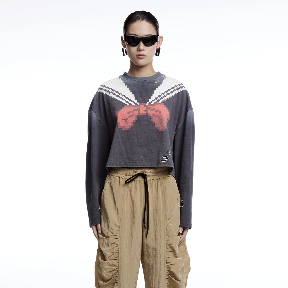 UOOYAA/乌丫经典春季「美少女壮士」海军风印花休闲T恤衫9023