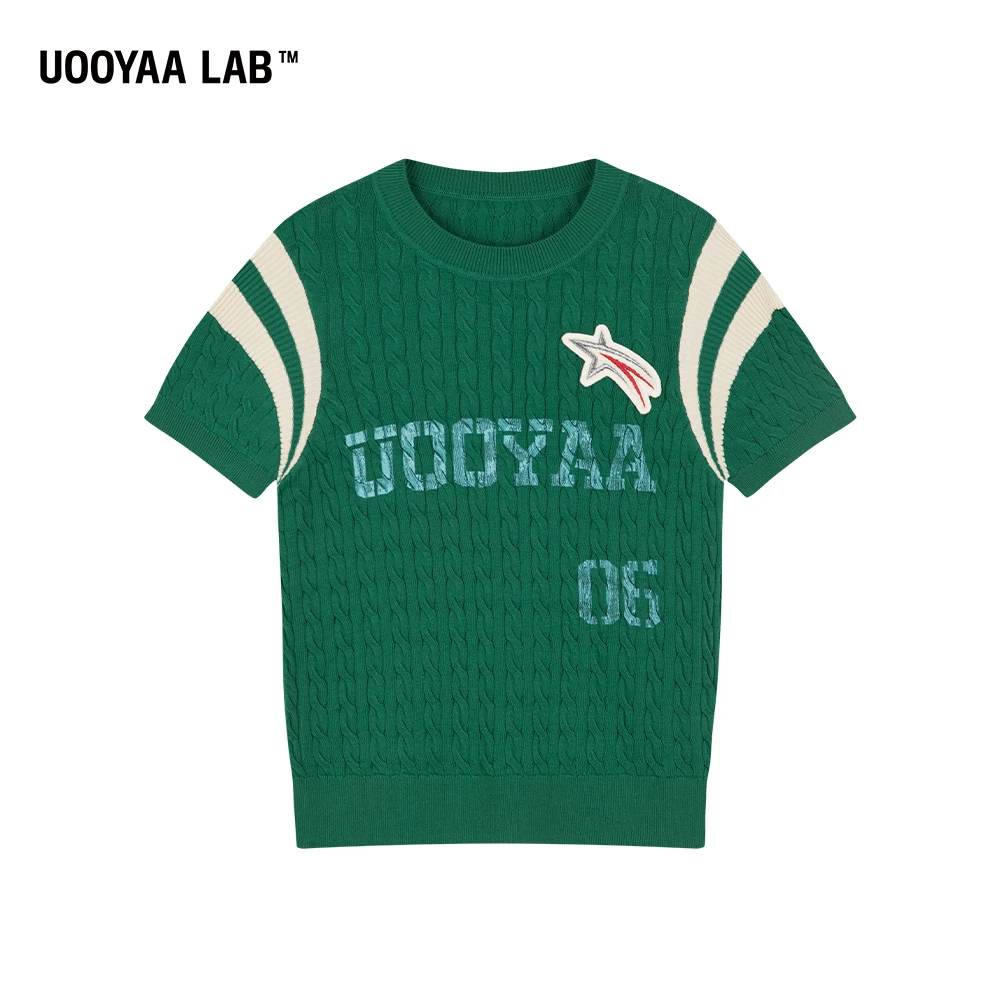UOOYAA2023夏季新款UY LAB 复古刺绣标针织T恤短袖上衣9099