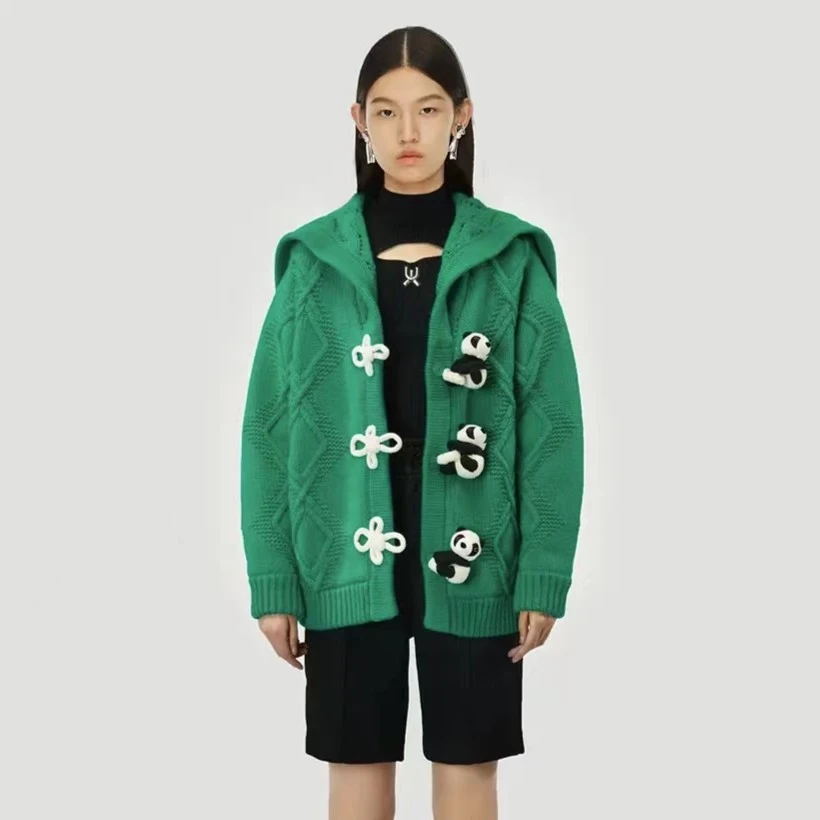 UOOYAA/乌丫冬季款复古熊猫开衫棉服外套5080毛衣针织衫绿色秋冬