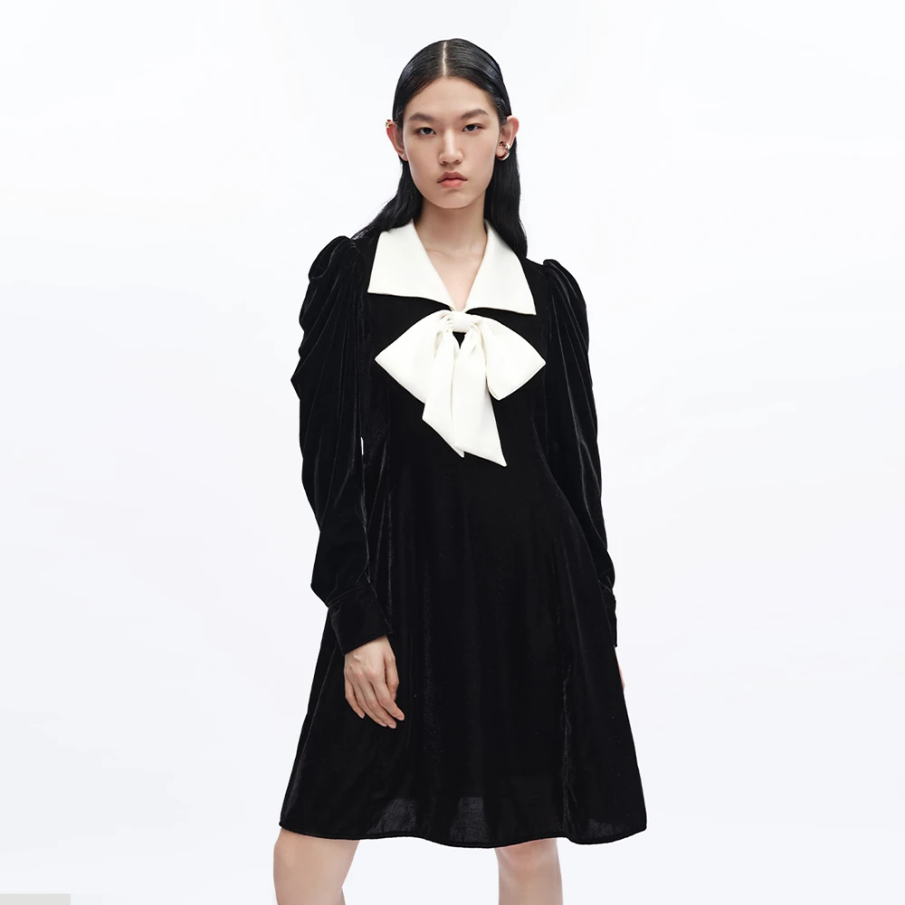 UOOYAA/乌丫秋季经典蕾丝蝴蝶结丝绒长袖连衣裙5001