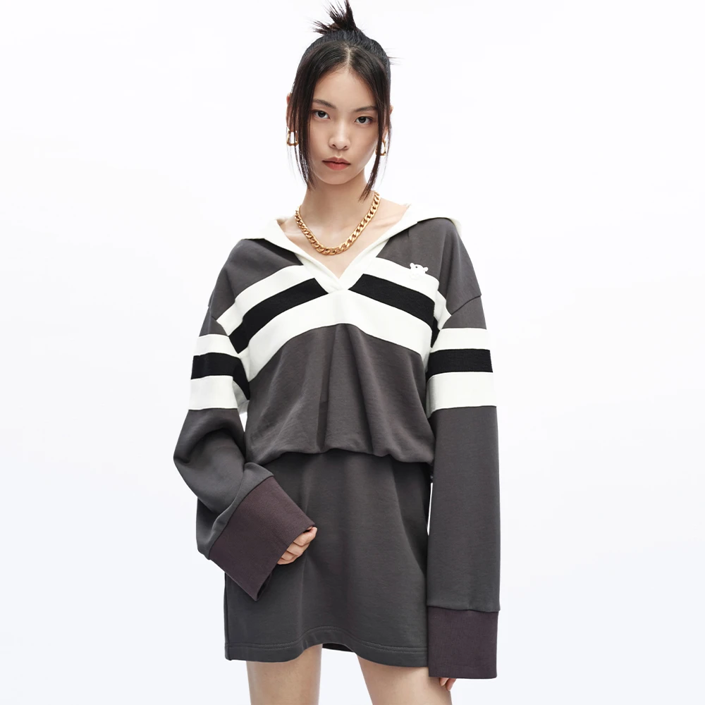 UOOYAA/乌丫秋季时尚雅丹风新款学院风复古运动长袖连衣裙0016