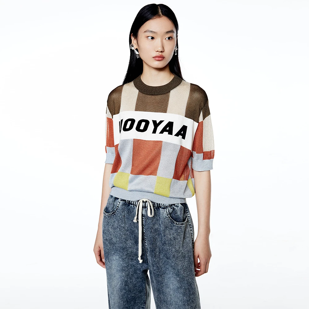 UOOYAA/乌丫夏季经典复古亮丝圆领提花彩色棋盘格套头毛衫T恤9026