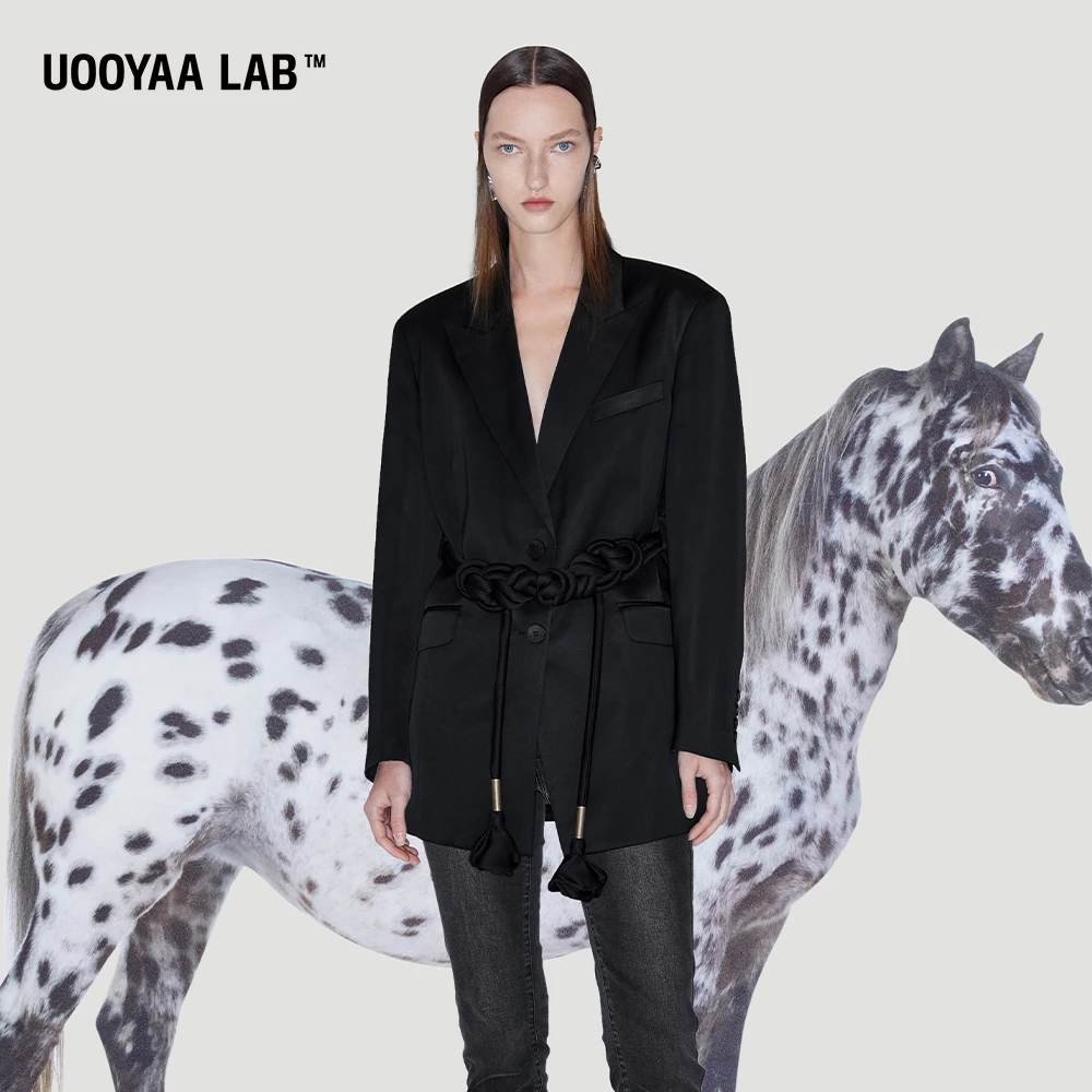 UOOYAA/乌丫春季中式盘扣立体花腰带缎面西装外套8020