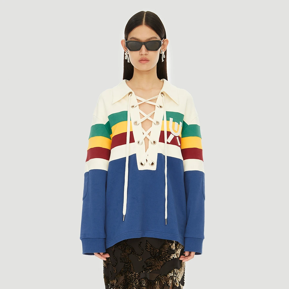 UOOYAA/乌丫冬季经典款门襟交叉系带彩色拼接POLO宽松卫衣1023