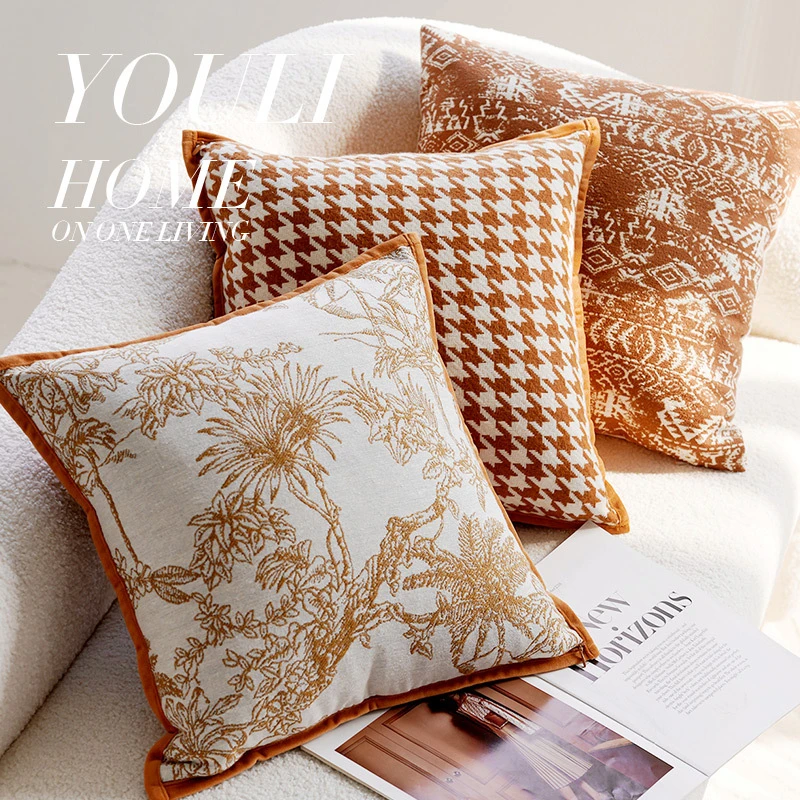 轻奢高级感抱枕套圆形橘色沙发靠背垫法式复古床上ins风客厅靠枕