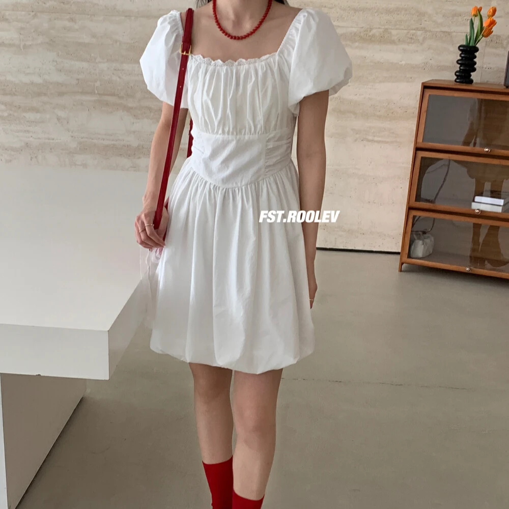 十三行FST夏款法式甜美蕾丝边方领短泡泡袖连衣裙a字连衣裙均码