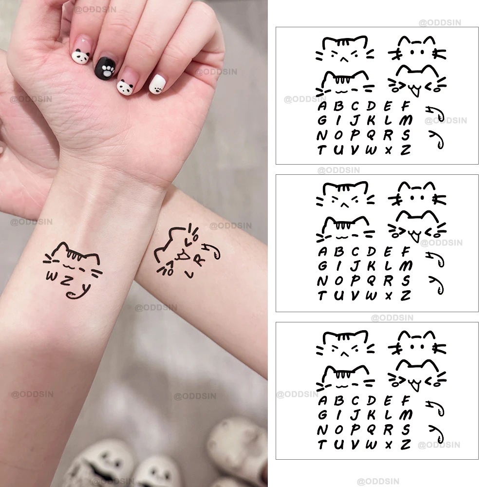 英文草本小猫字母贴纸情侣款男女ins风手指防水纹身持久仿真贴纸