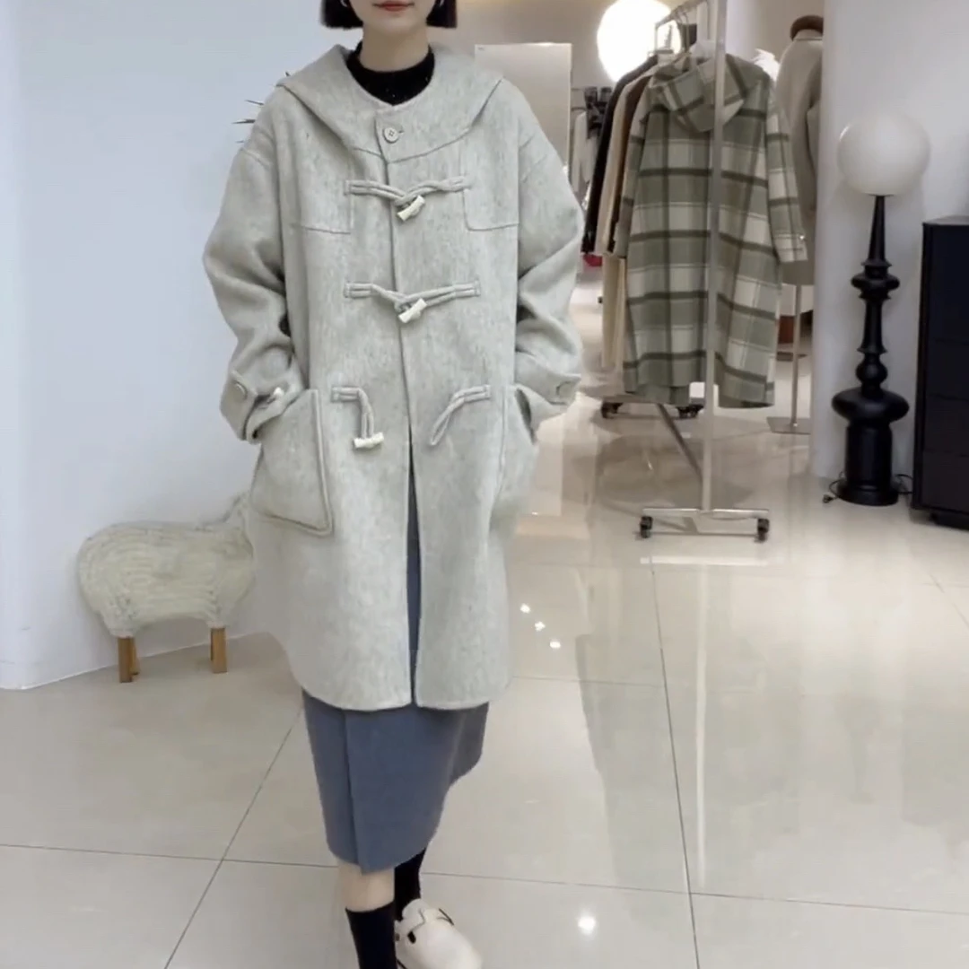 中长款2023新款韩版牛角扣连帽宽松羊毛呢外套