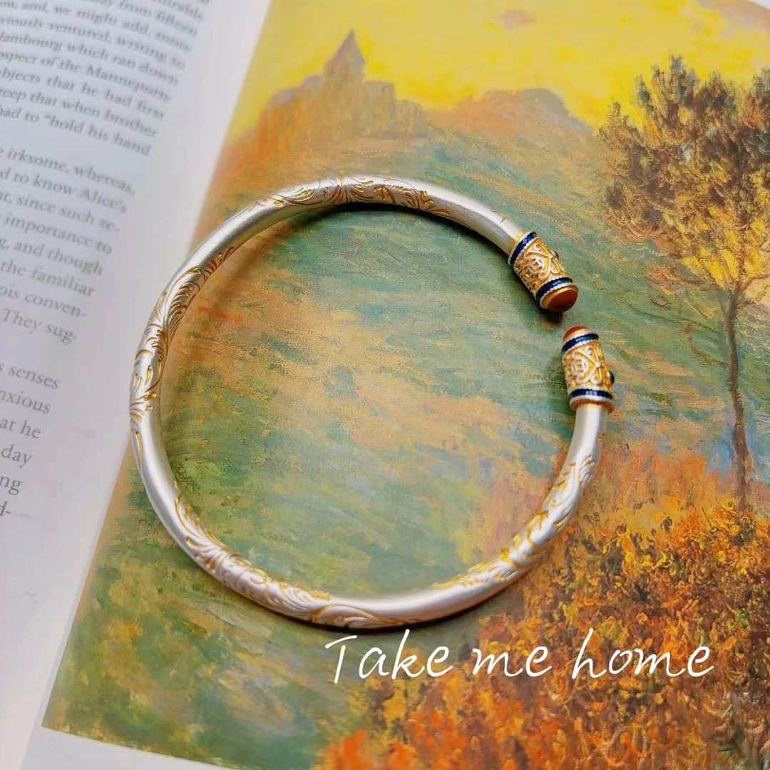 足银手镯 足银999金色描绘手镯