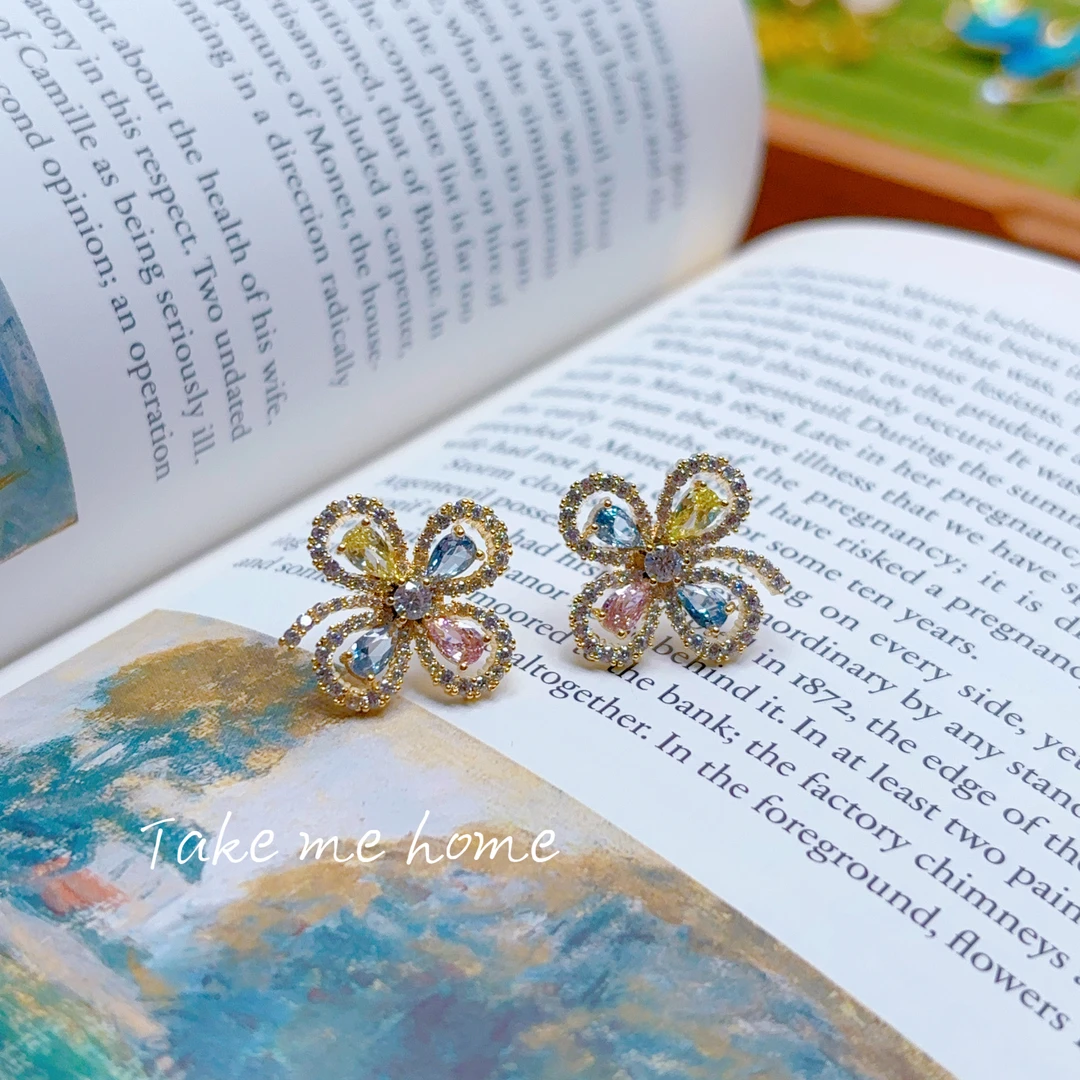 铜合金锆石耳饰 彩色锆石四叶草耳钉 EH466