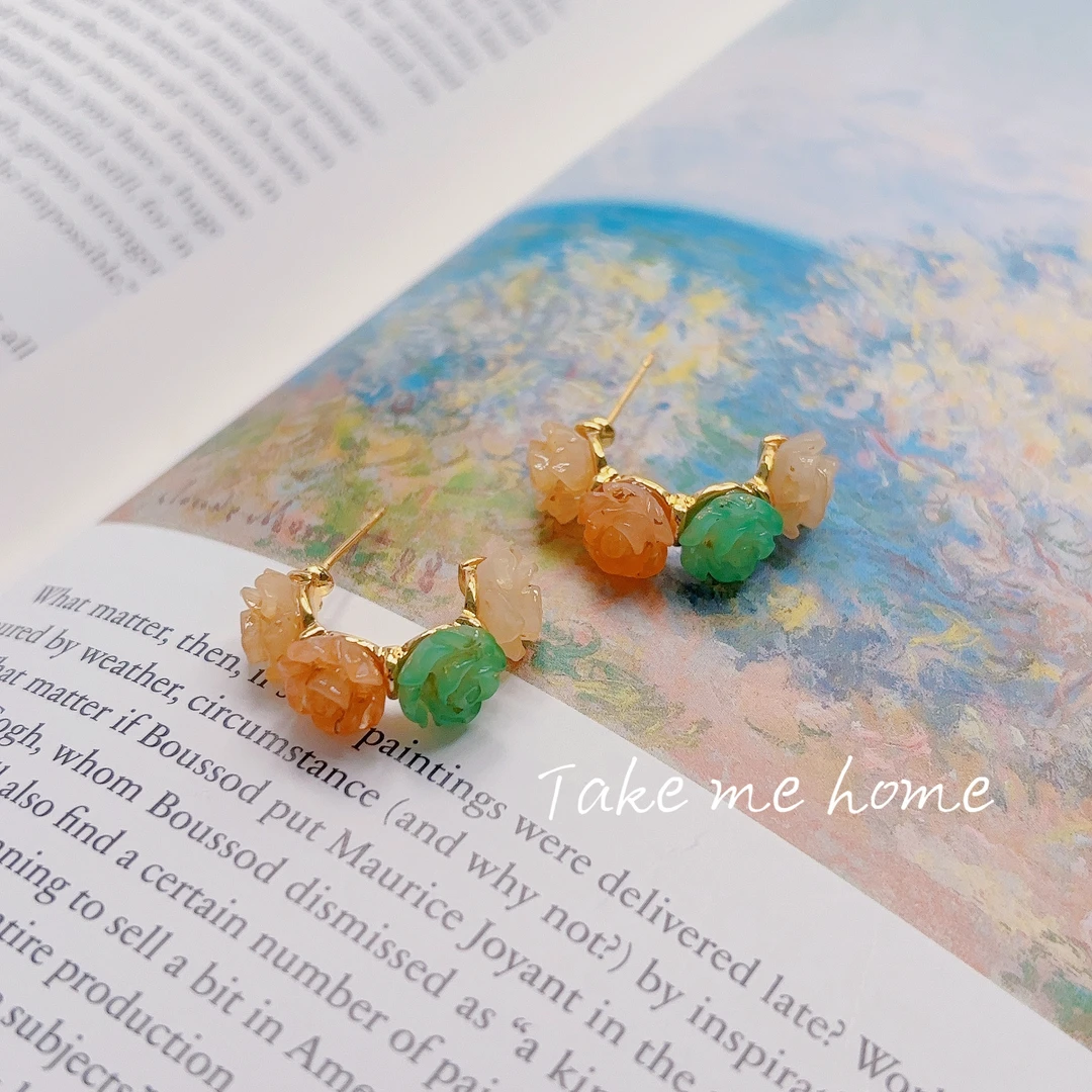 合金耳饰 彩色玫瑰小花朵C圈耳钉EH03