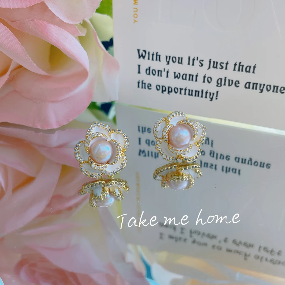 铜合金锆石耳饰 时尚百搭山茶花耳钉 EH194