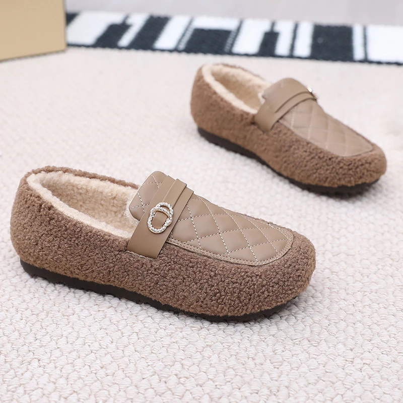 2024冬季新款棉鞋女加绒加厚保暖休闲豆豆鞋防滑平底一脚蹬妈妈鞋