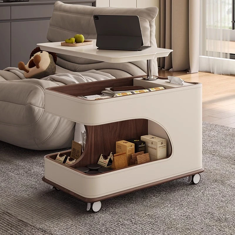 功夫派中古风客厅随行可移动全实木马鞍皮边几升降沙发推车小户型