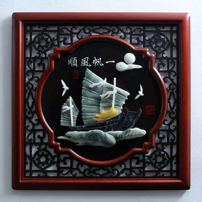 60*60一帆风顺方形a127客厅沙发玄关玉雕画天然玉石中式装饰画S
