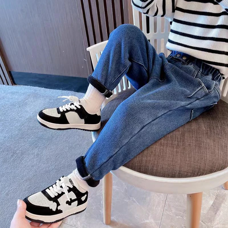 6875加绒加厚一体绒牛仔裤韩版弹力长裤男女宝宝冬季裤子