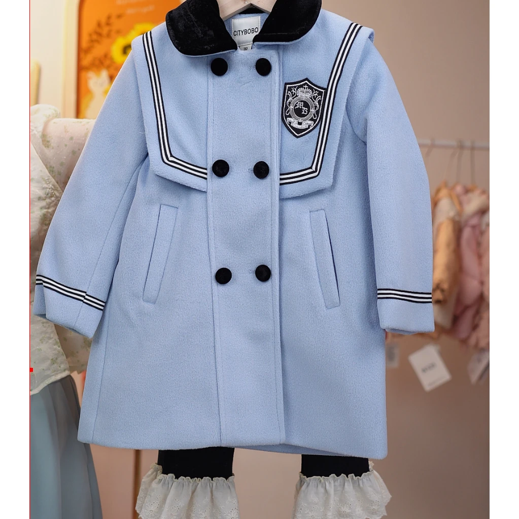 蓝色女童外套冬装新款洋气儿童中长款加厚大衣1072