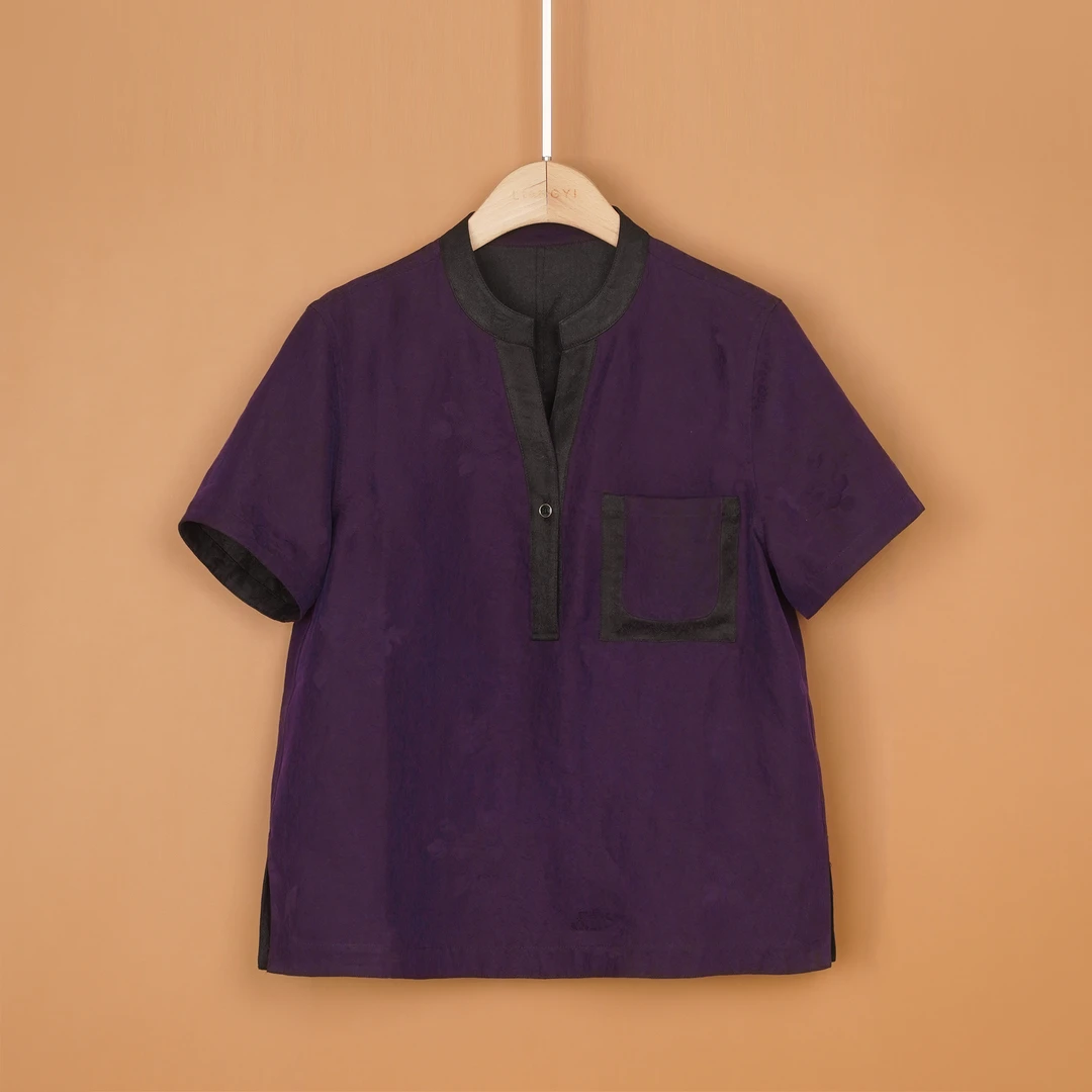 E1126 双面穿桑蚕丝衬衫女士上衣夏季新款复古提花香云纱v领衬衣