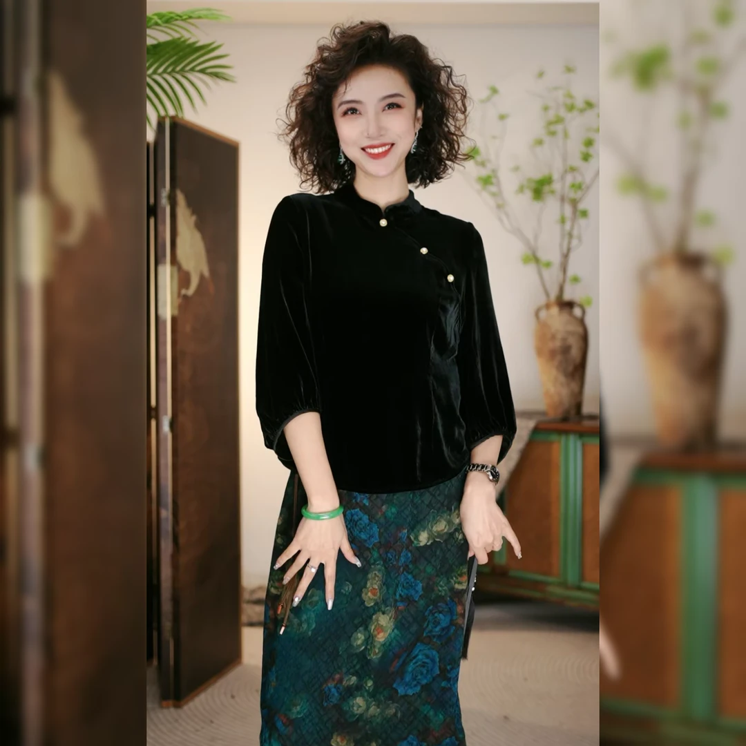 【素律】满分桑蚕丝黑色丝绒中式长袖时尚气质国风秋季上衣F9568