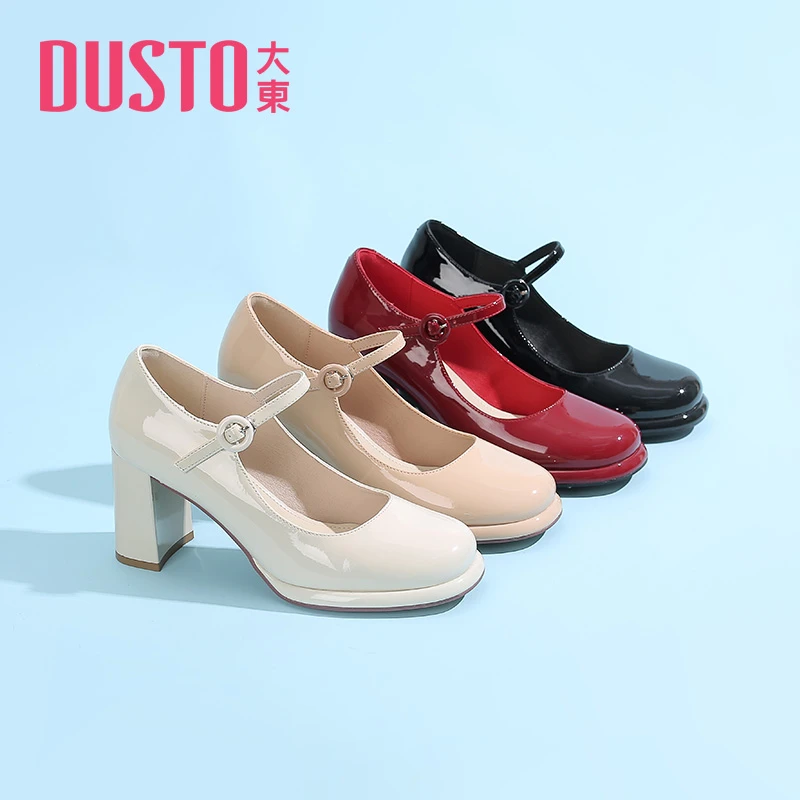 DUSTO/大东大东高跟鞋女2024春季高跟粗跟圆头纯色一字扣鞋0119D