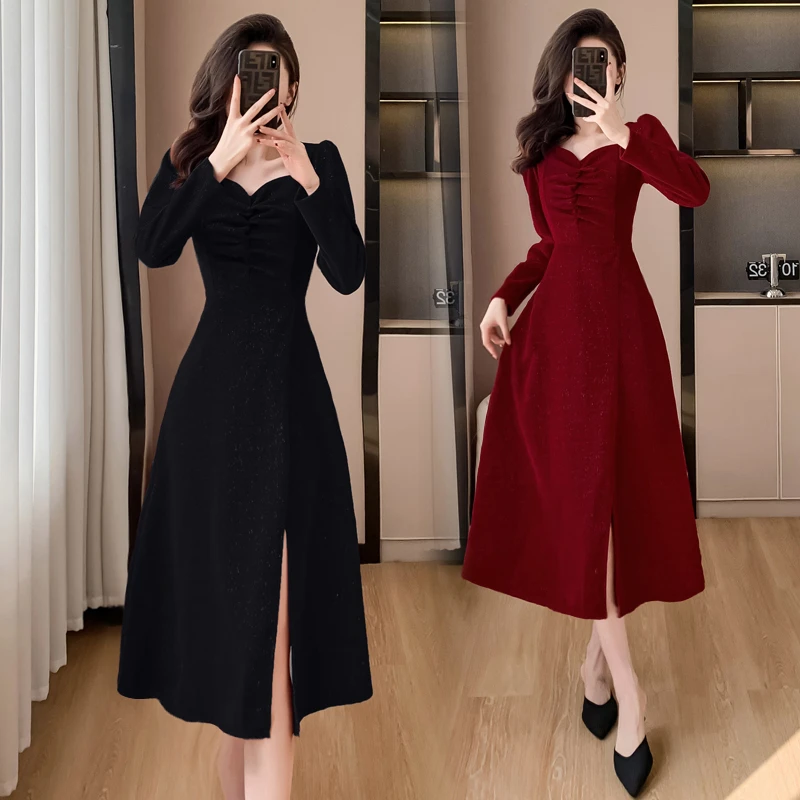 有口袋秋冬大码赫本风新年战袍裙轻奢气质雪尼尔连衣裙9943