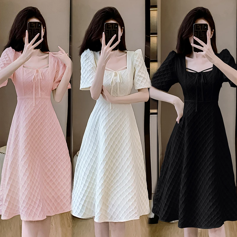 夏季新款修身短袖显瘦通勤方领绑带拼色大码微胖mm连衣裙9950