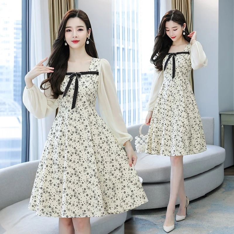 大码法式方领碎花气质长袖收腰显瘦A字大摆连衣裙9856