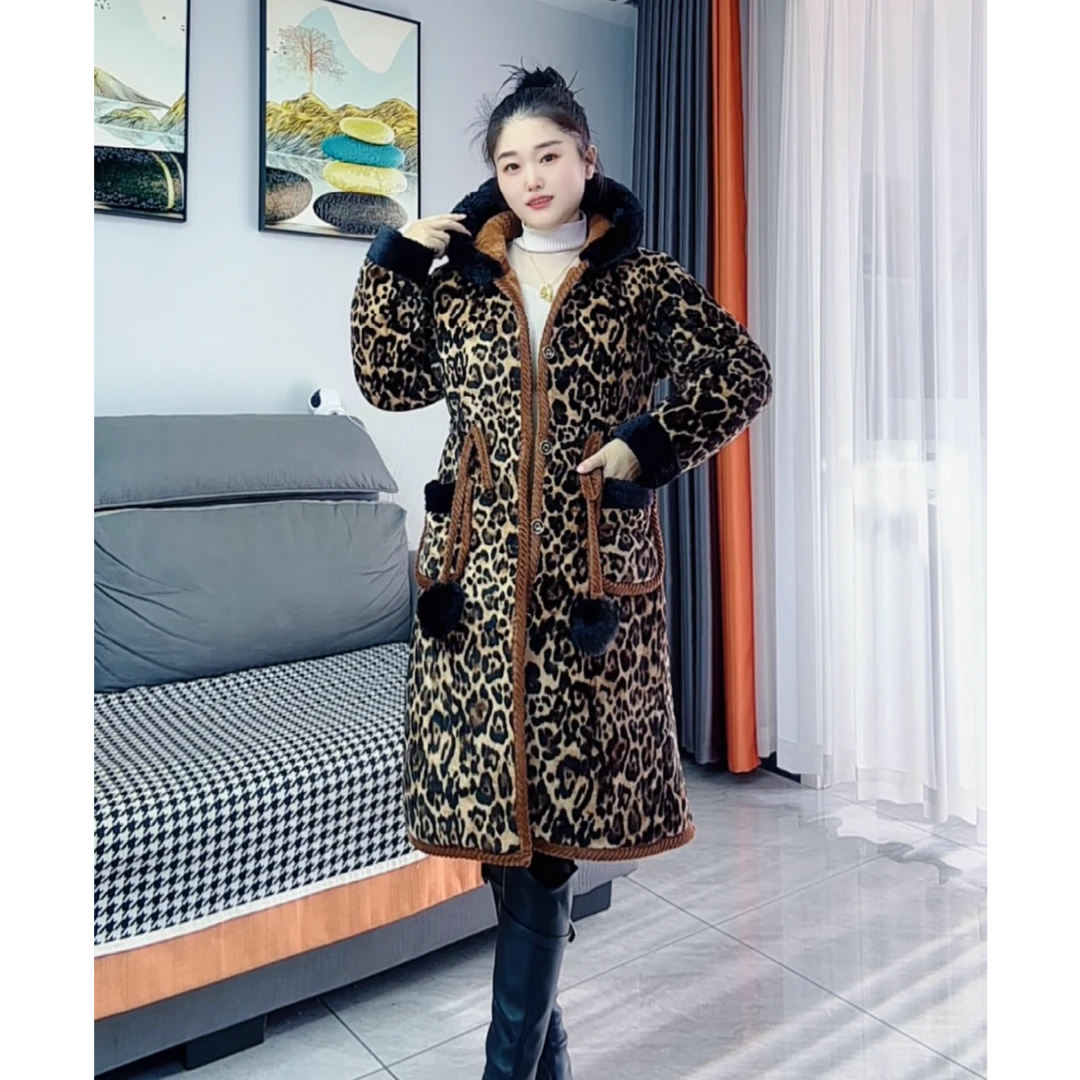【特厚款】冬季女士睡衣豹纹加绒加厚连帽中长款气质棉衣