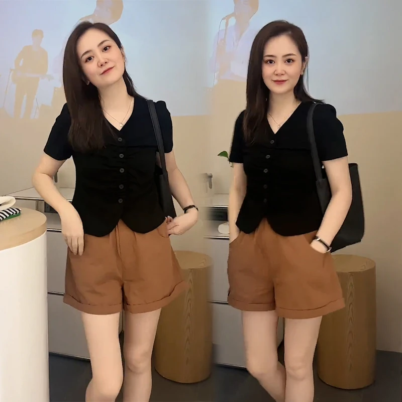 盐系轻熟两件套洋气V领褶皱短袖上衣休闲短裤夏季女套装时髦时尚