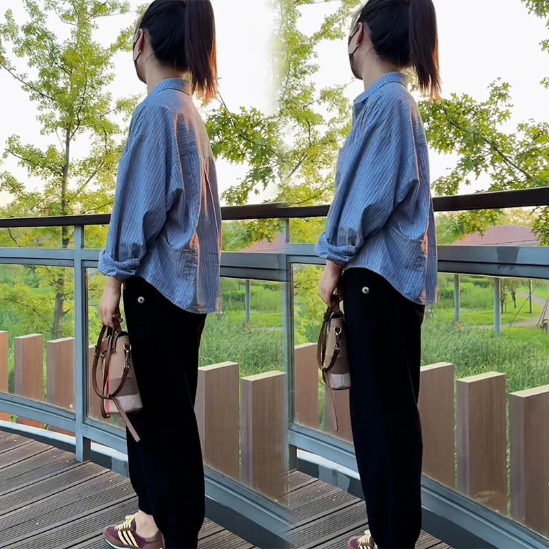 高级感时尚条纹衬衫女2024秋季薄款百搭独特别致上衣直筒裤两件套